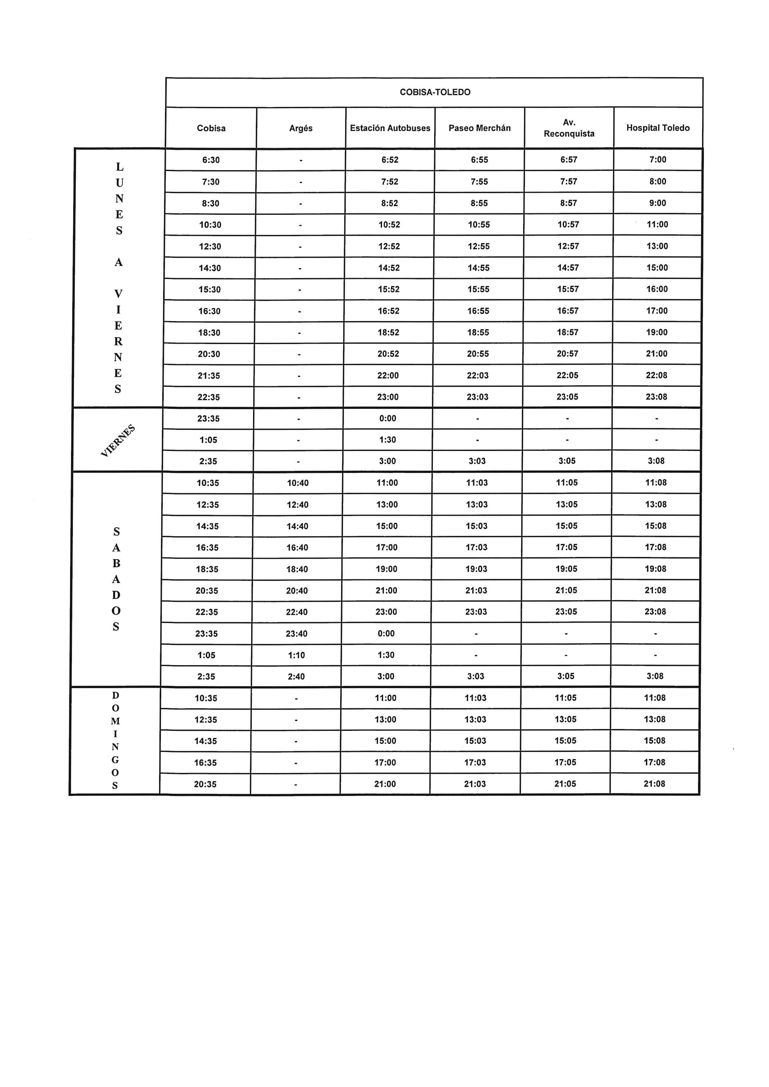 HORARIOS ASTRA COBISA - TOLEDO